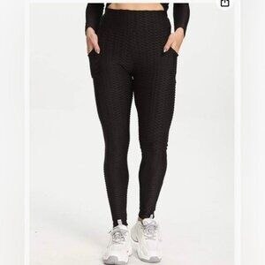 High-Waisted Black Textured Leggings With Pockets For Women Small Size 92% Nylon